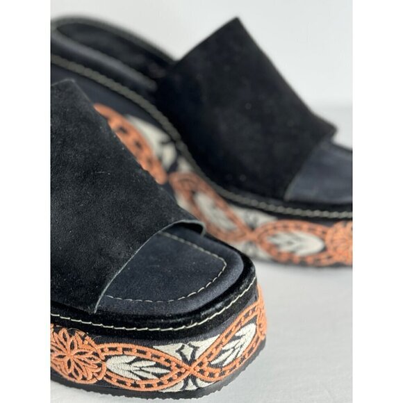 Free People Black Embroidered Tomorrow Wedge Platform Mules Size 37 US 6.5 NEW - Picture 3 of 8